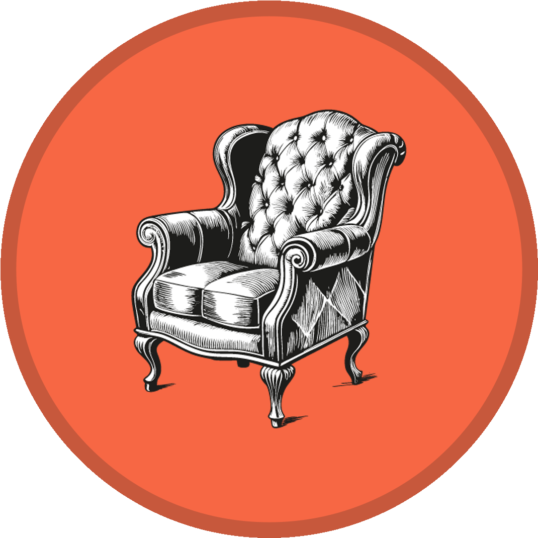 Ein schwarz-weiß gezeichnetes, antik aussehendes, gepolstertes Sessel mit hochklappbaren Armlehnen auf orangem Hintergrund.