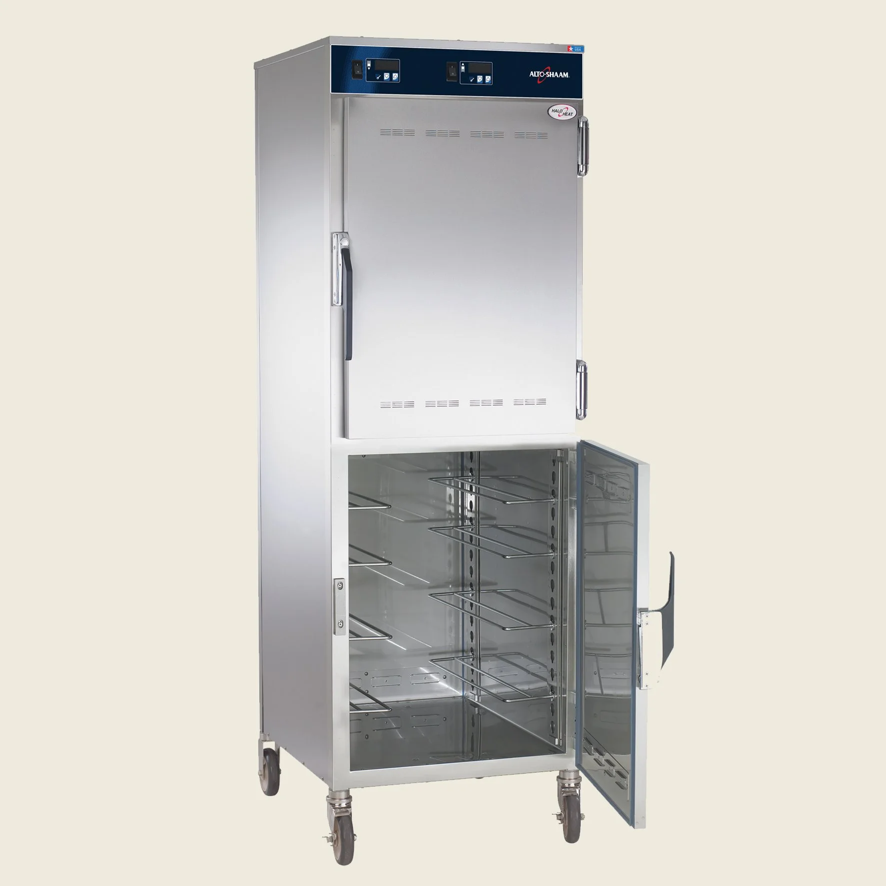 Ein professioneller Edelstahl-Backofen mit glatter Oberfläche, vier Rollen, zwei Türen und digitalen Steuerungen an der Oberseite.