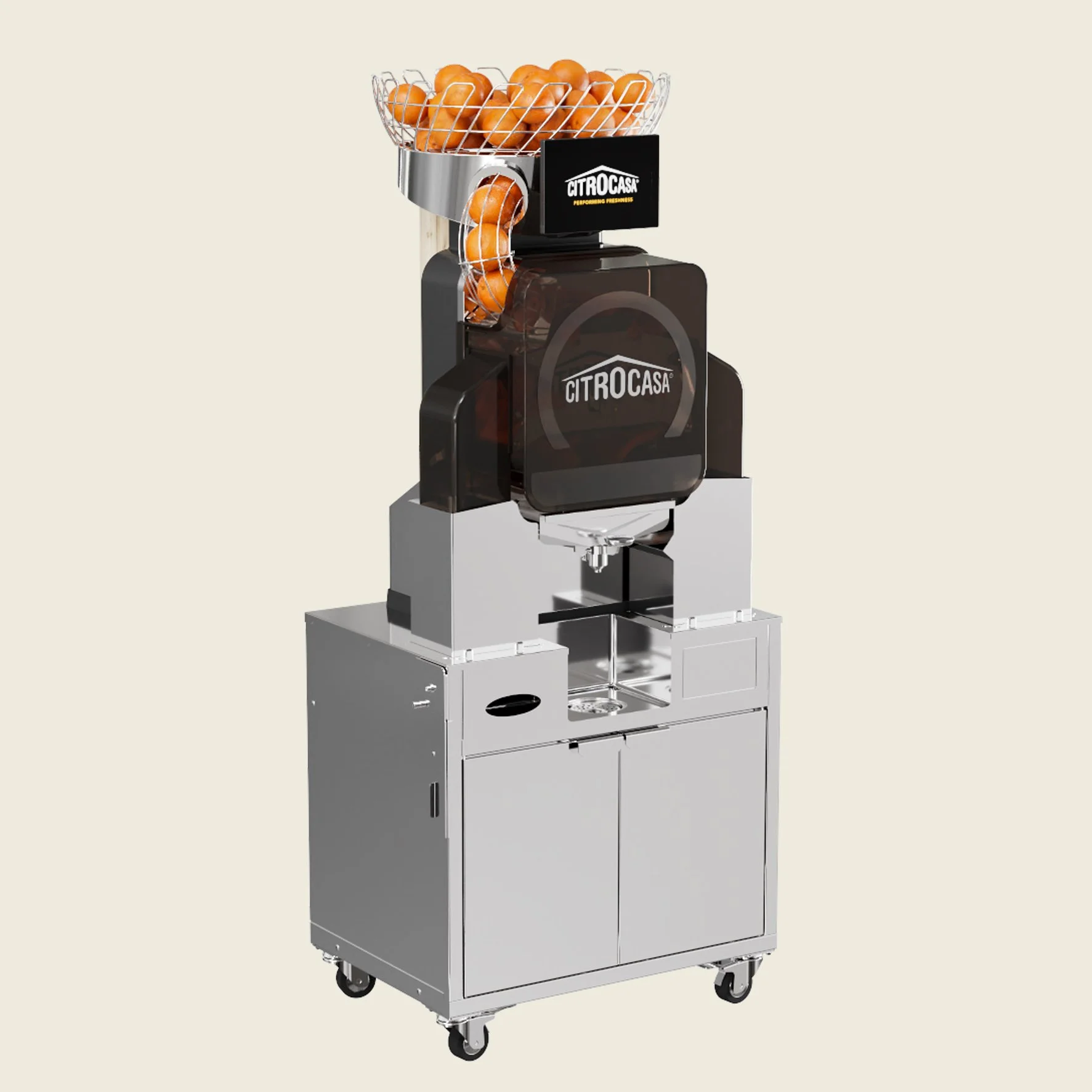 Gelbes Zitrusfrucht-Entferner-Apparat mit Fächern voller Orangen und Zitrusfrüchte, auf Rollen stehend.