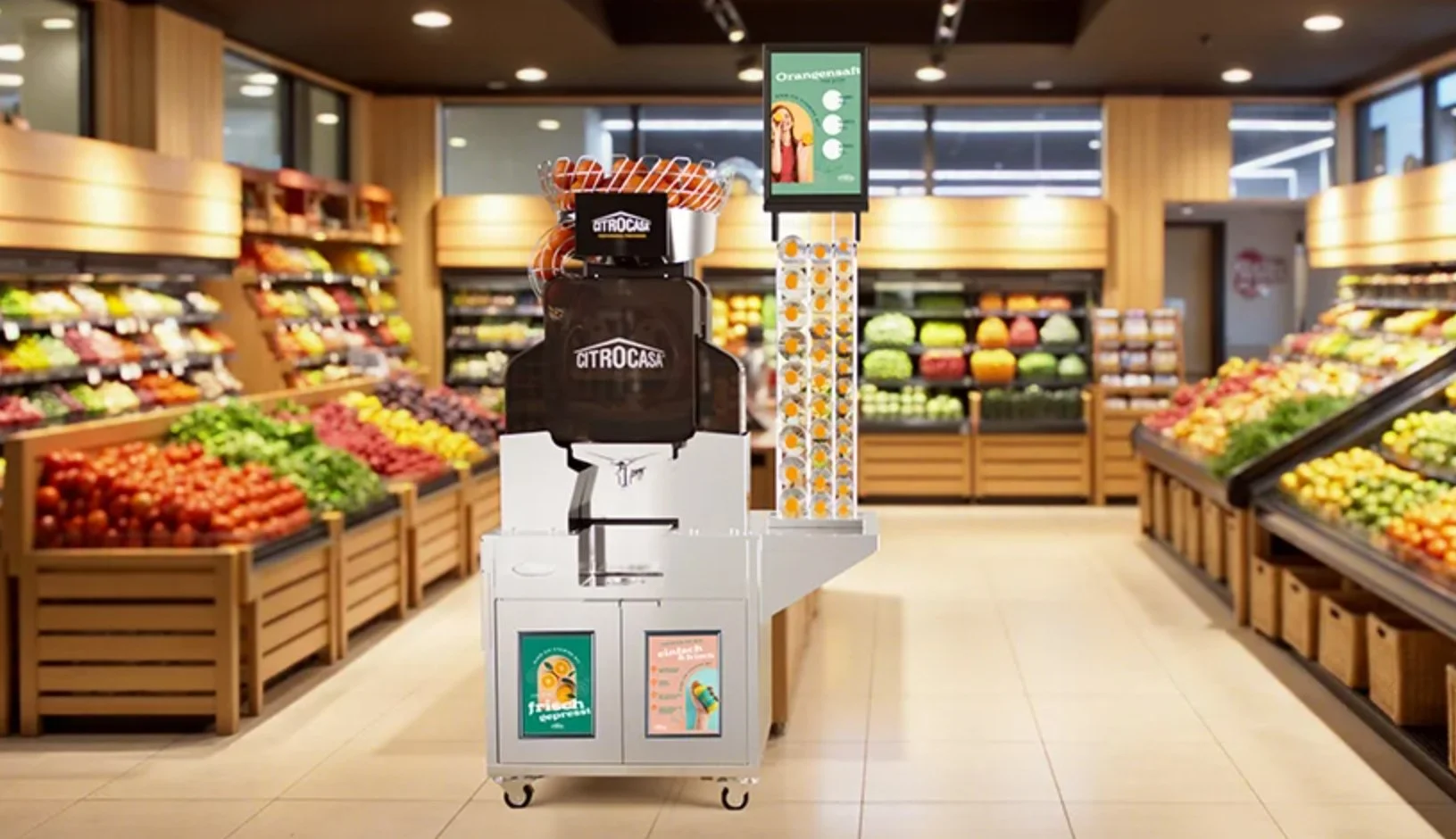 Verkaufsautomat für frische Früchte in einem Supermarkt. Obst- und Gemüsesamen sind sichtbar, mit einer digitalen Anzeige und Hinweisen.