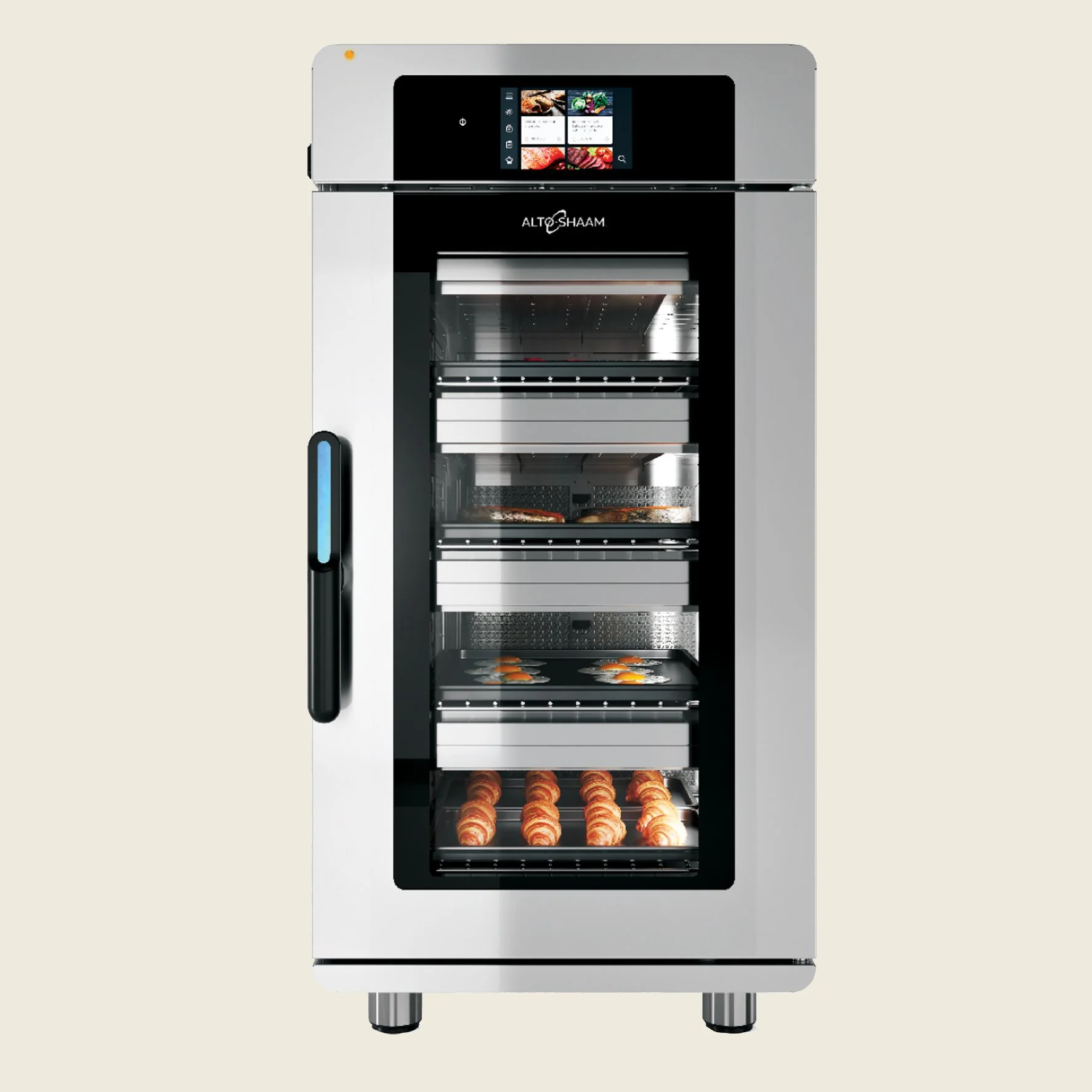 Ein moderner, hochmoderner Backofen mit Digitalanzeige, der Speisen wie Pizza, Eierspeisen und Croissants zubereitet, alles sichtbar durch die Glastür.