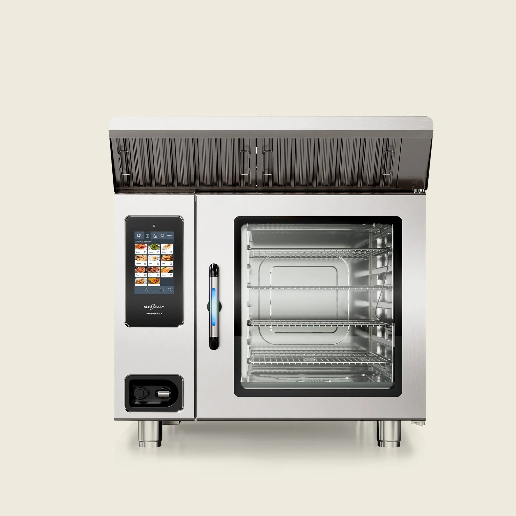 Ein moderner, professioneller Dampfgarer mit digitalem Touchscreen und Innenraum mit Metallregalen.