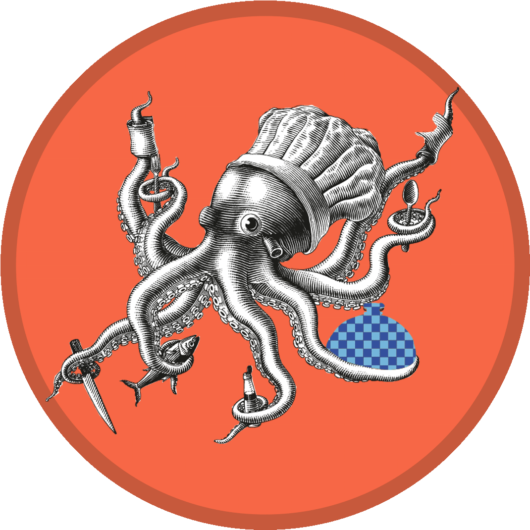 Schwarz-weißer Octopus mit Küchenchef-Hut und verschiedenen Küchenutensilien auf rotem Hintergrund