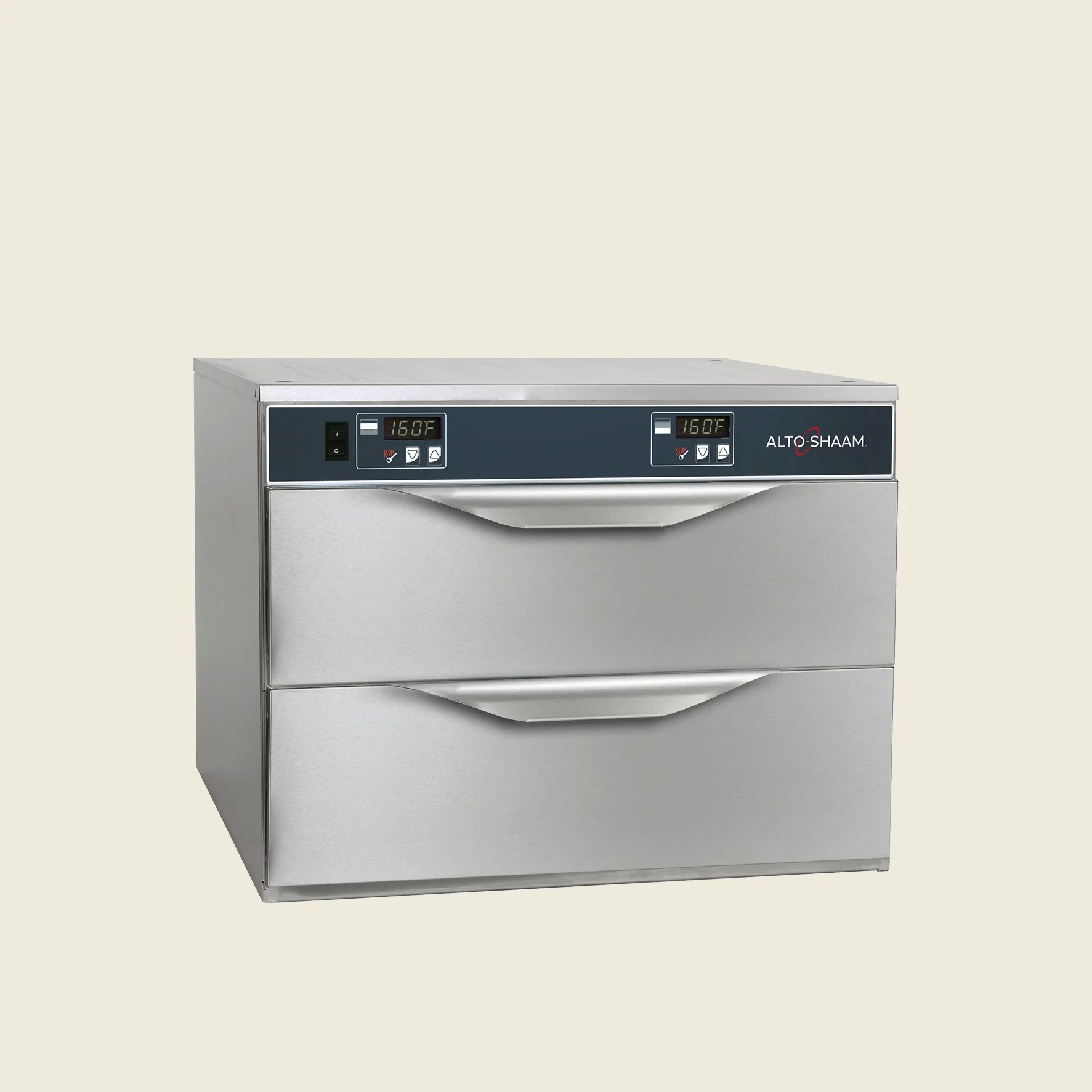 Ein Edelstahl-Temperaturschrank mit zwei digitalen Displays auf der Oberseite, gekennzeichnet mit der Marke 'ALTO-SHAAM'.