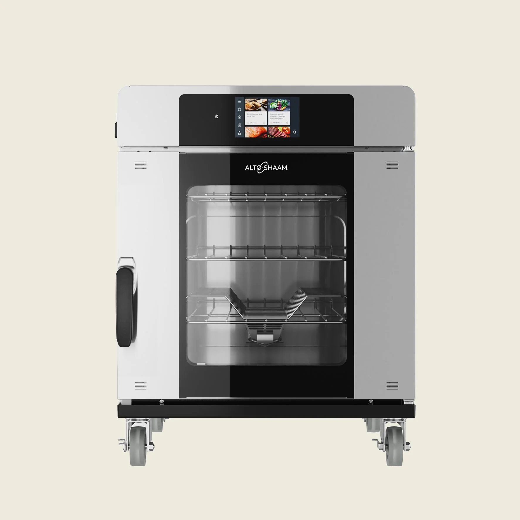 Moderne, industriell aussehende Küchenofen mit digitalem Touchscreen-Display oben, schwarzes und silbernes Design, auf Rollen für Mobilität, von der Marke ALTO-SHAAM.