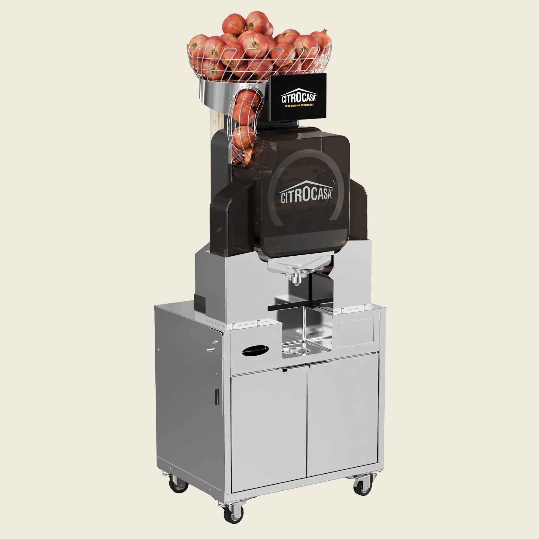 Maschine zum Pressen von Obst, mit einem Korb voller roter Äpfel auf der Oberseite.