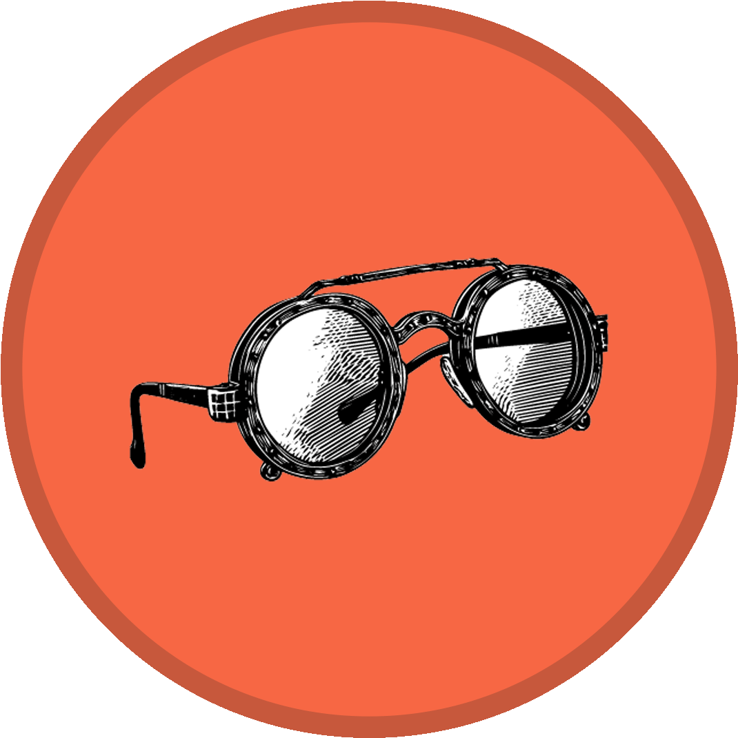 Skizze einer schwarzen Brille mit runden Gläsern vor orangefarbenem Hintergrund.