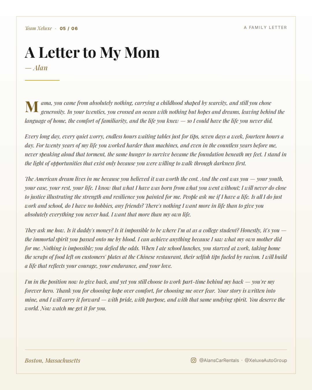 A family letter titled 'A Letter to My Mom' from Alan, written in elegant cursive font, printed on cream-colored paper with elegant layout, includes some text highlighted in gold.