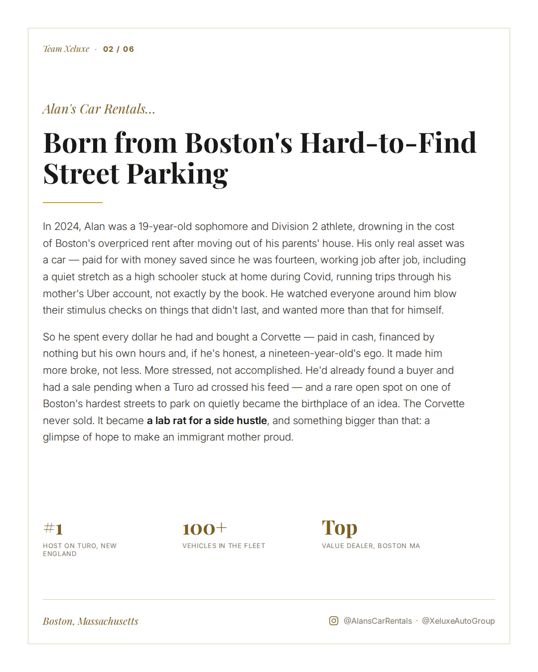 A magazine page about a young man named Alan who is from Boston and owns a car rental business, with text describing his background and experiences.