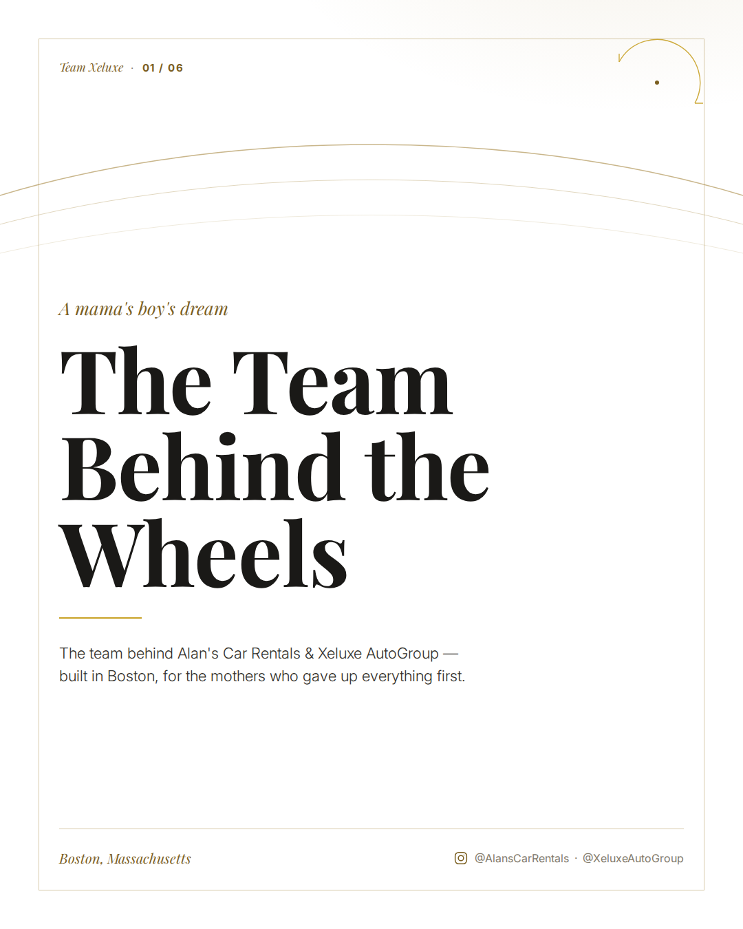 A magazine cover with the headline 'The Team Behind the Wheels' and a subheadline about Alan's Car Rentals and Xeluxe AutoGroup in Boston, Massachusetts.
