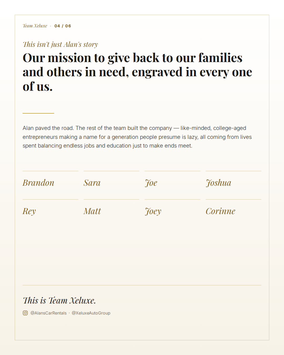 A webpage with a mission statement about giving back to families in need, listing team members' names, and social media handles at the bottom.