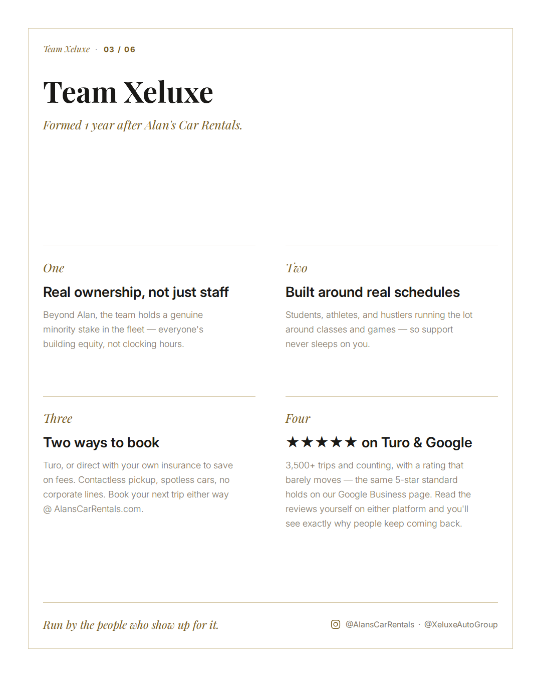 A promotional flyer for Team Xeluxe, a car rental service. The flyer lists four key features: real ownership, built around real schedules, two ways to book, and high ratings on Turo and Google.