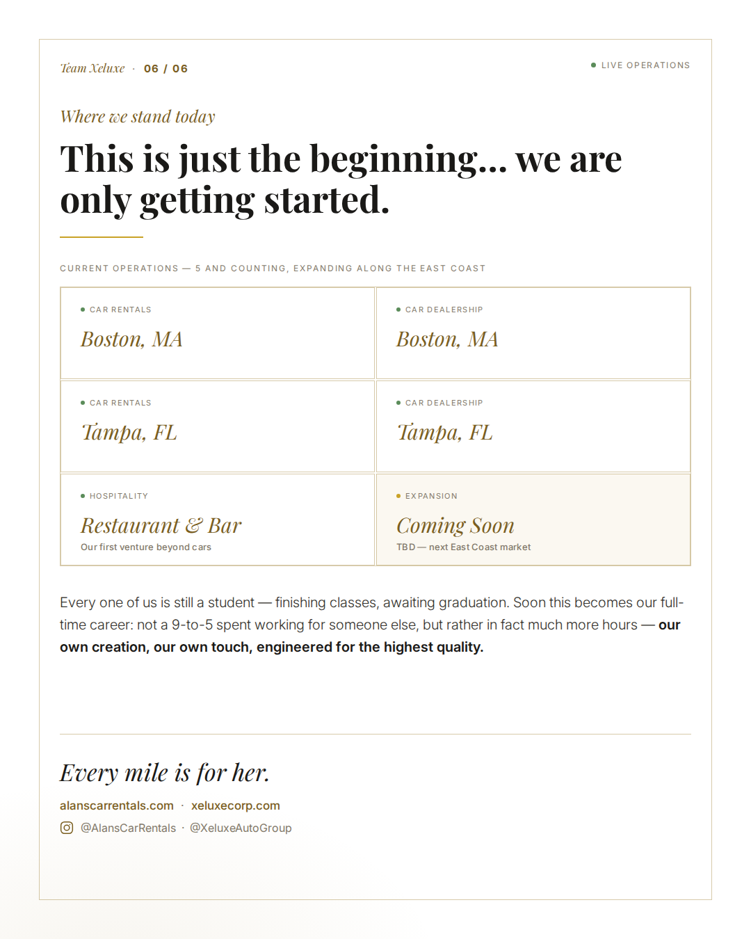 Website announcement about business expansion with locations in Boston, MA and Tampa, FL, including car rentals, car dealership, and hospitality services, with upcoming expansion plans.