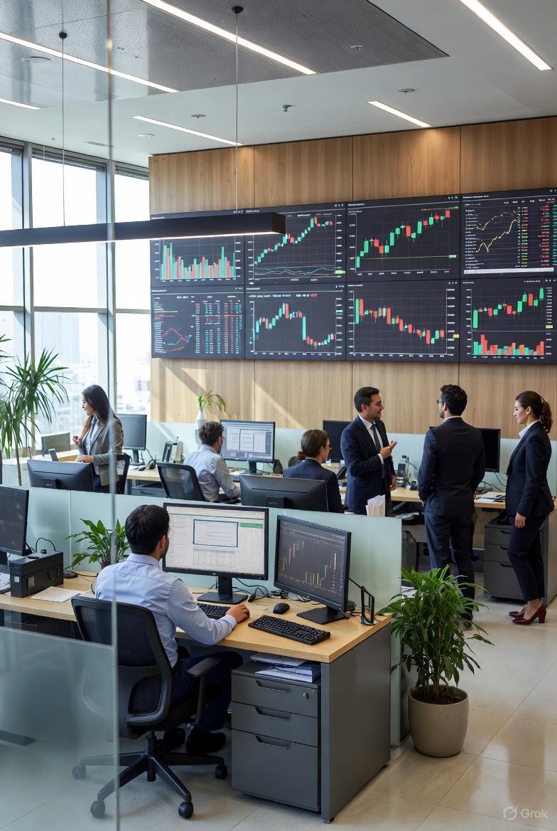 A modern office with multiple employees working at desks with multiple computer monitors, which display financial data and stock charts. Some people are discussing at the center, while others are working individually.