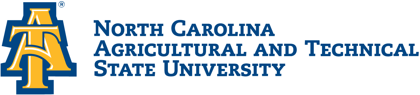 Logo of North Carolina Agricultural and Technical State University featuring stylized golden yellow letters 'A' and 'T' layered over a blue background, with the university's name written in bold blue text to the right.