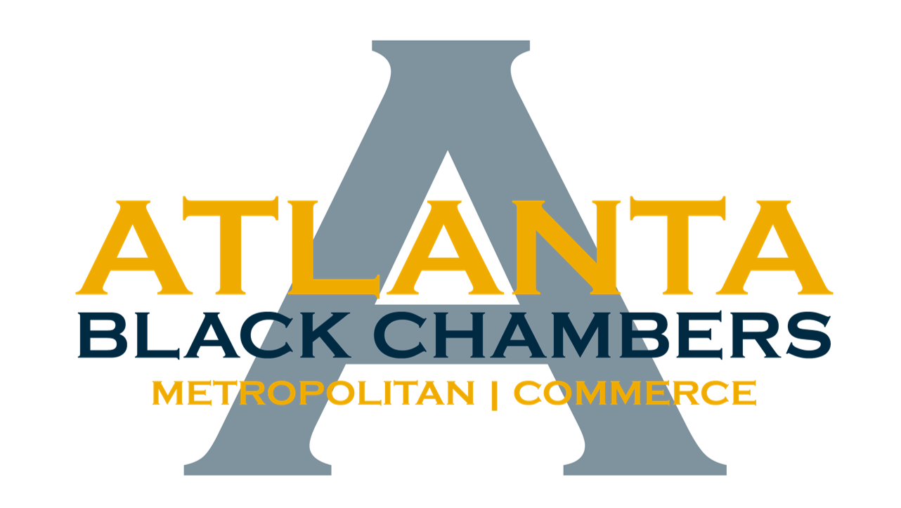 Logo with the text "Atlanta Black Blazers" and "Metropolitan | Commerce" featuring a large stylized letter "A" in dark blue.