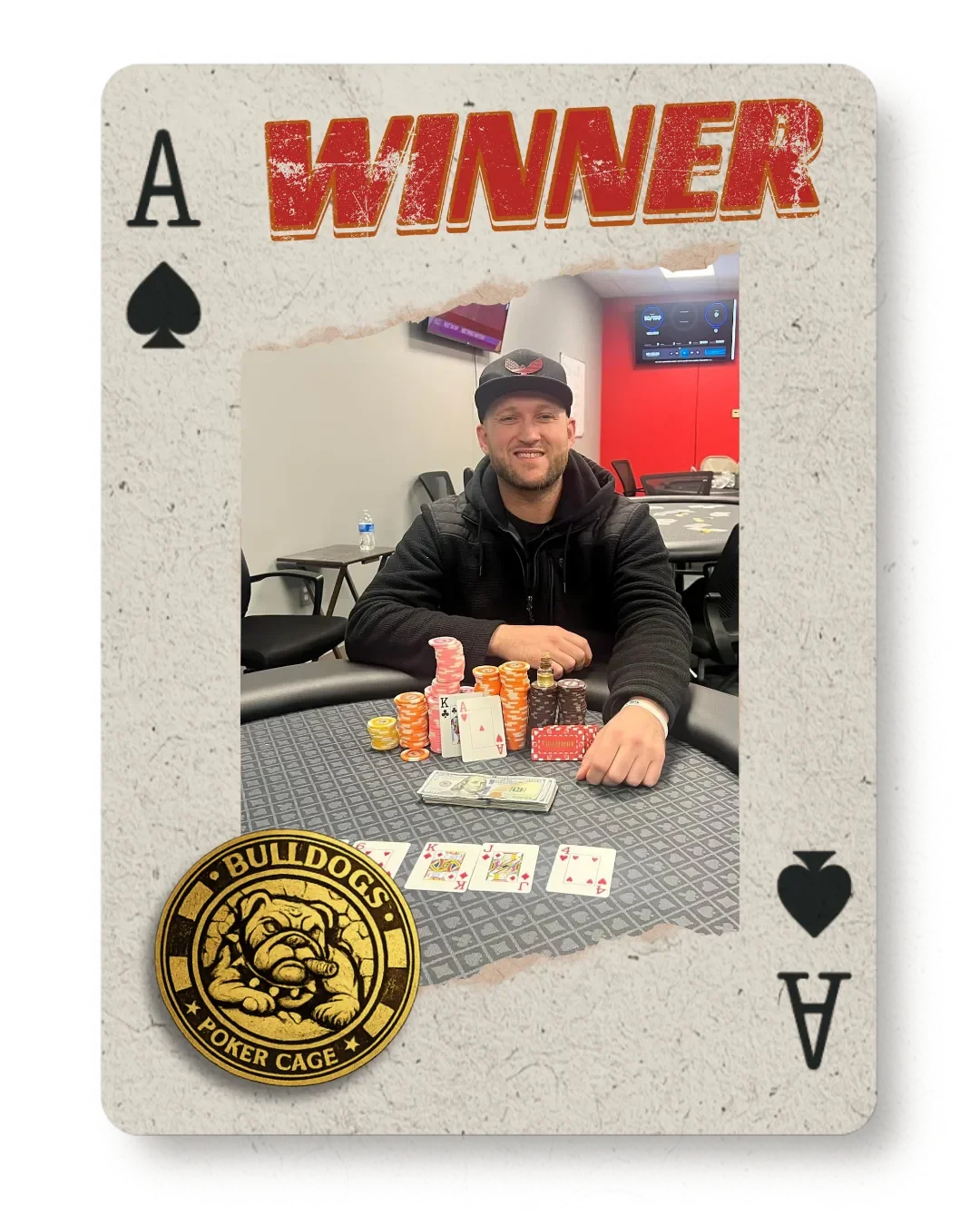 A man smiling at a poker table with poker chips, cash, and playing cards, framed by a custom playing card design with the word "WINNER" and a bulldogs logo.