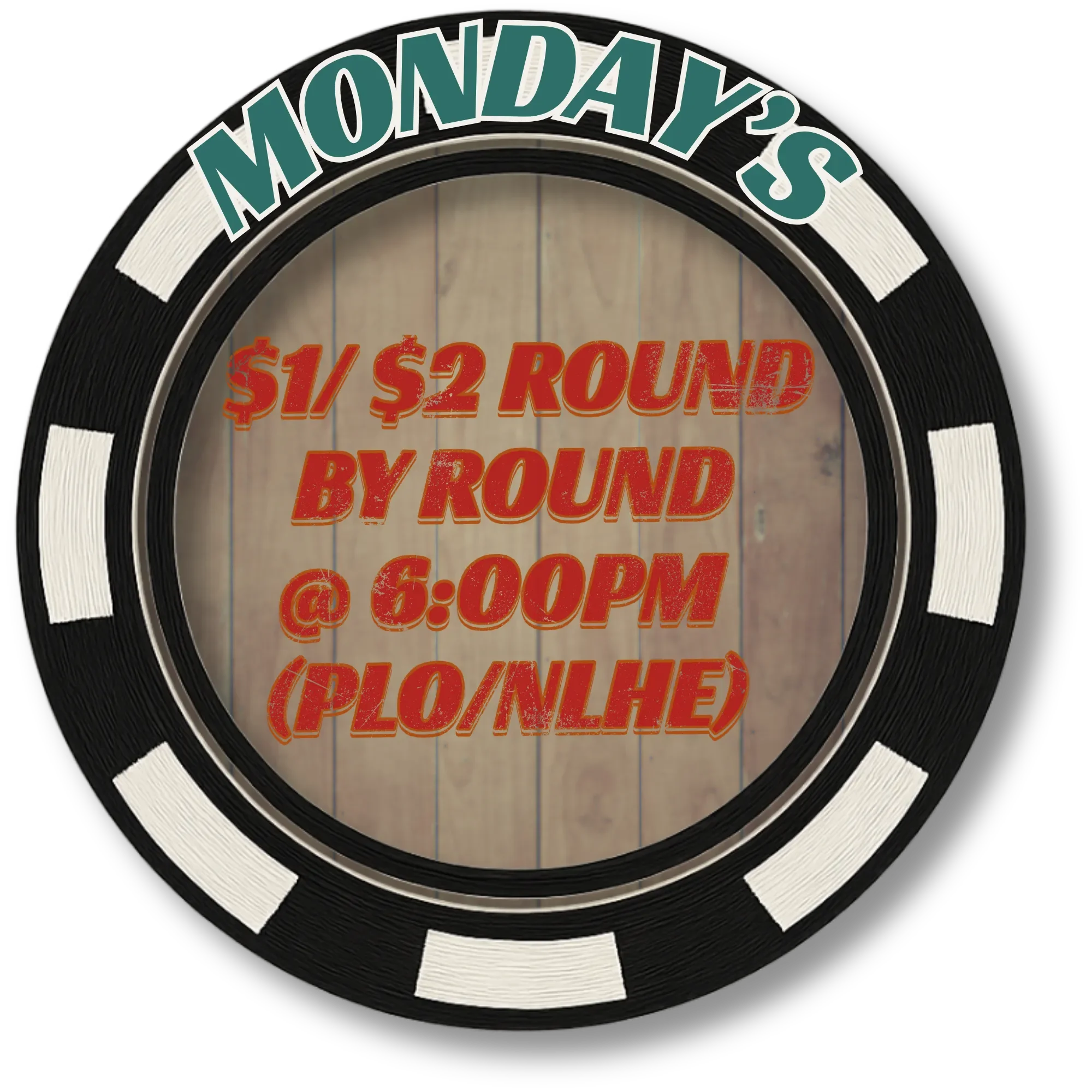 A poker chip with promotional information written on it, featuring a wooden background and text in red and teal colors.