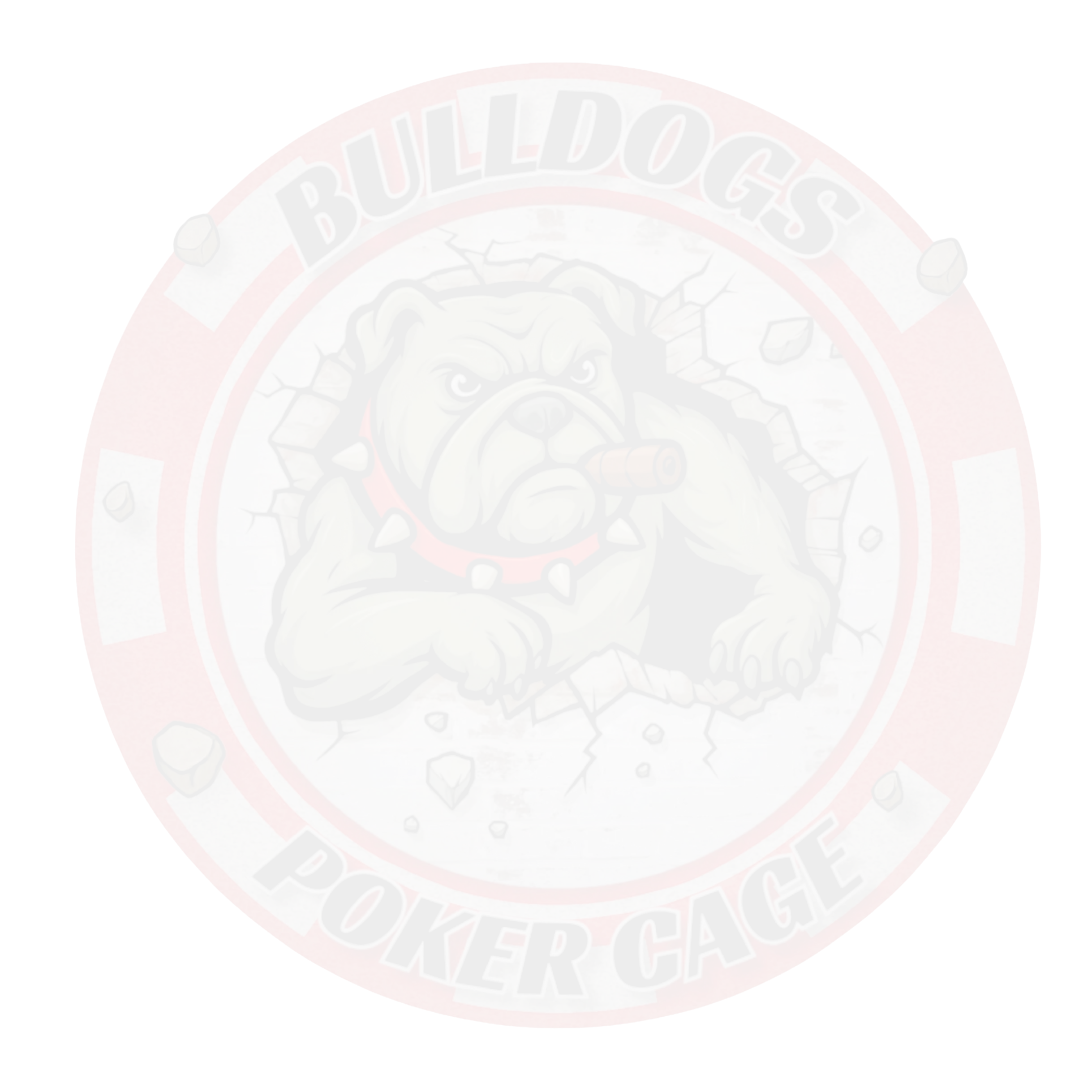 Logo for Bulldogs Poker Cage featuring a fierce bulldog breaking through a wall with a cigar in mouth, wearing a spiked collar, surrounded by a red and gray circular badge.