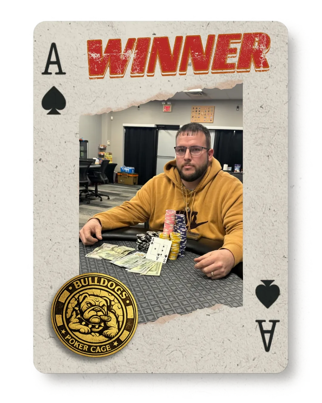A man with glasses and a beard in a brown hoodie sits at a poker table with poker chips, cash, and playing cards, inside a gaming room, framed by a playing card graphic with a 'Winner' sign.