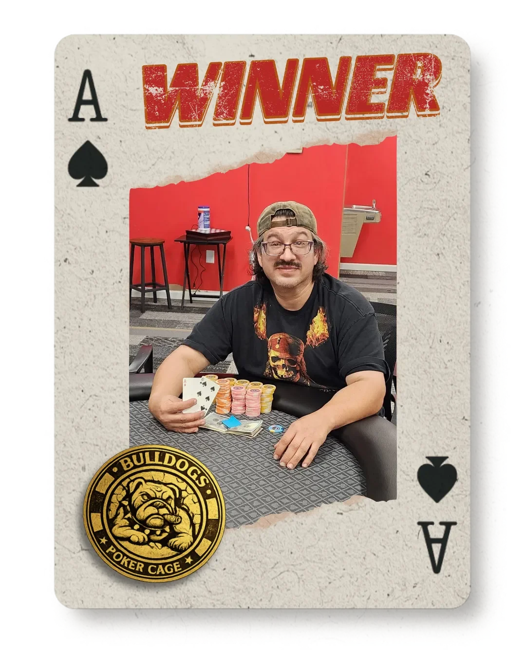 A man with glasses, wearing a cap and a black t-shirt with flame designs, sitting at a poker table with poker chips, cards, and chips in front of him, in a red and black room, framed as a playing card with the words "Winner" at the top and a bulldog poker badge at the bottom.