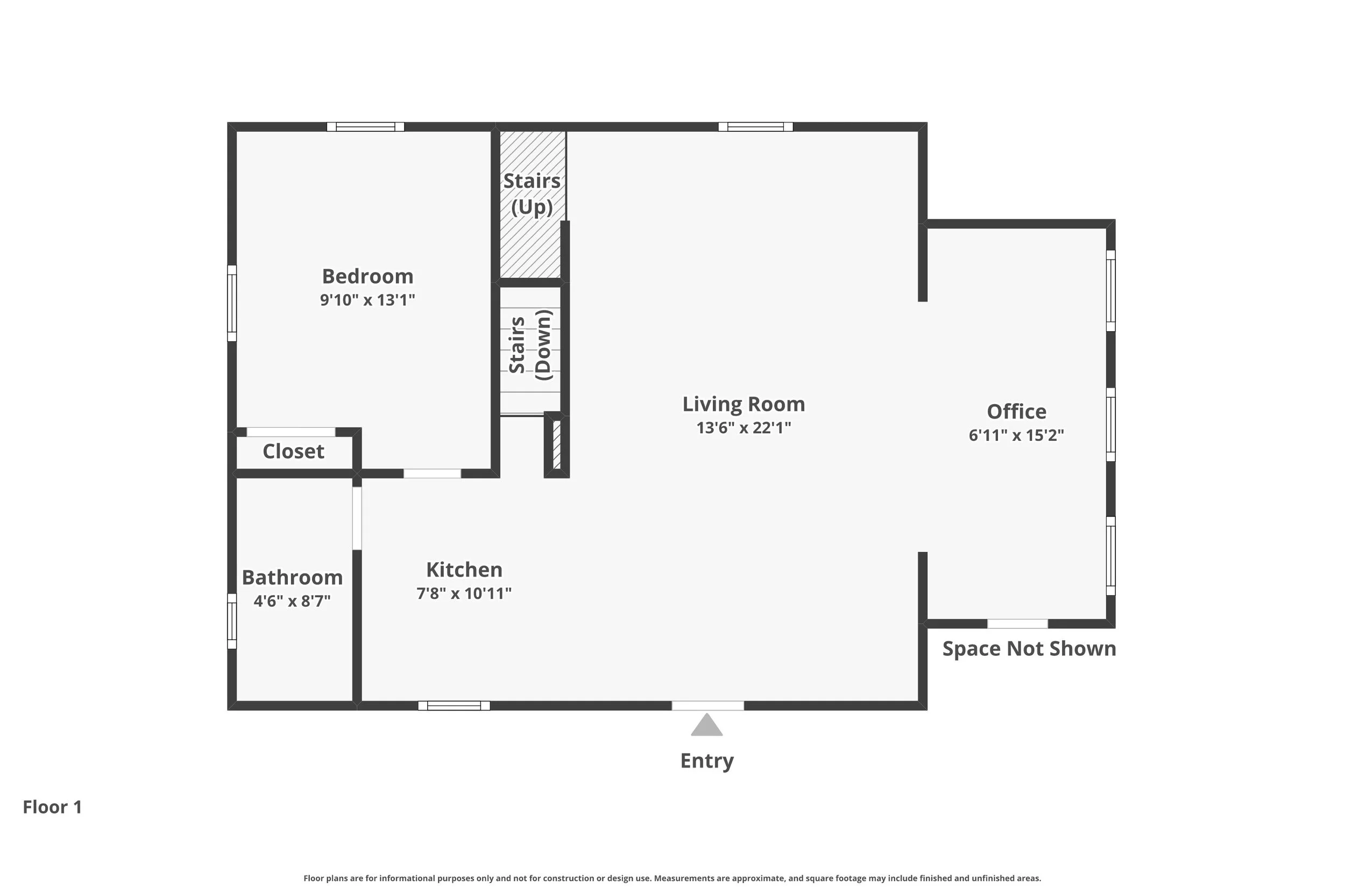 A floor plan layout of a home showing a bedroom, bathroom, kitchen, living room, and office, with labeled room dimensions and features such as stairs, closet, and entry points.