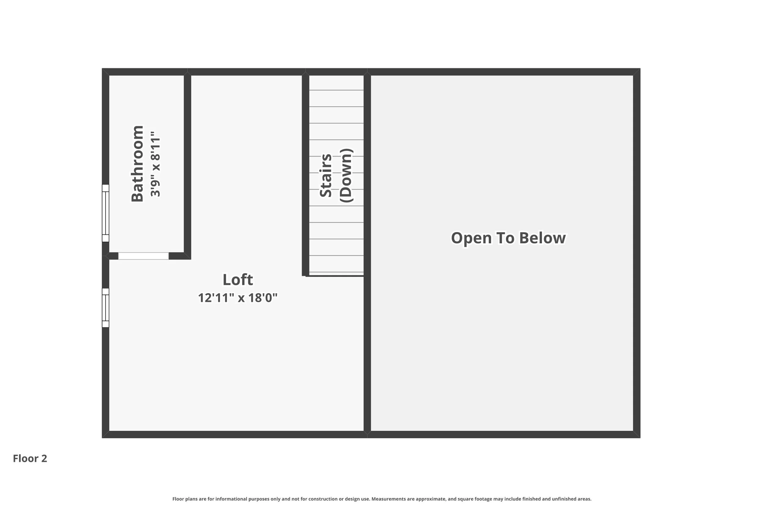 Floor plan of the second floor showing a bathroom, a loft, stairs leading down, and an open area below.