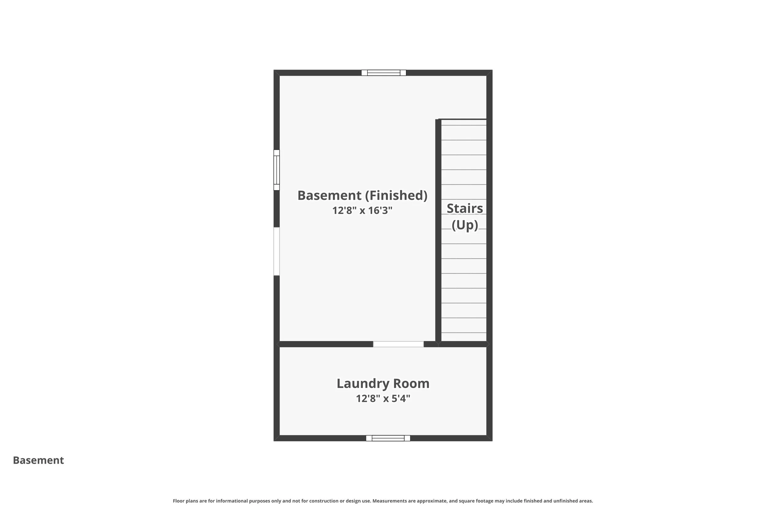 Floor plan of a basement layout showing a finished basement measuring 12'8" x 16'3" and a laundry room measuring 12'8" x 5'4", with stairs leading up.