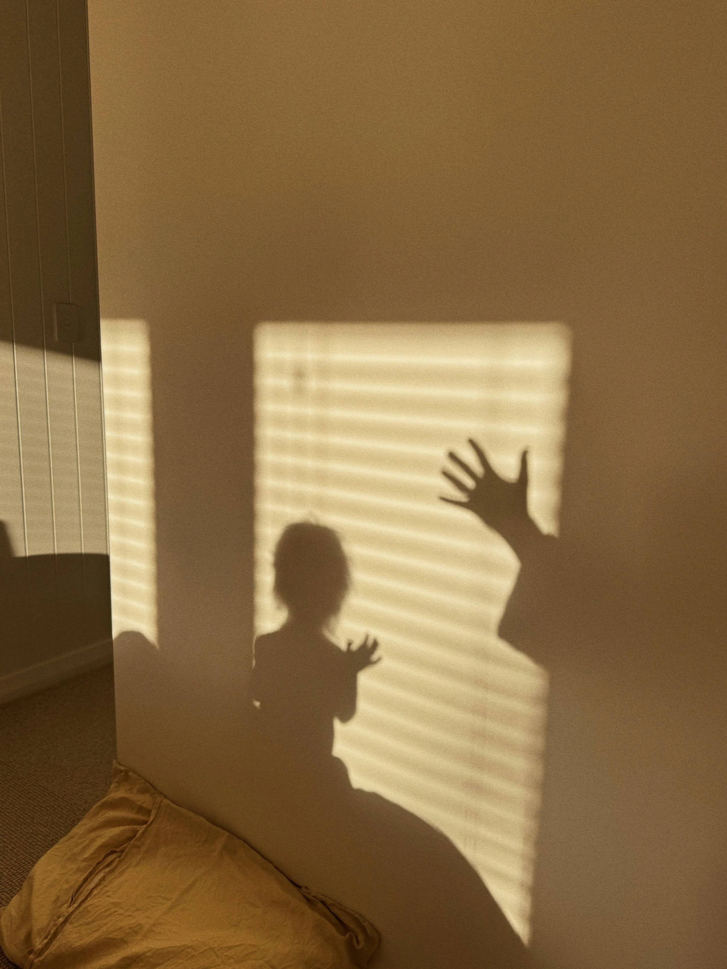 Shadow of a child and an adult's hand on a wall created by sunlight passing through window blinds.