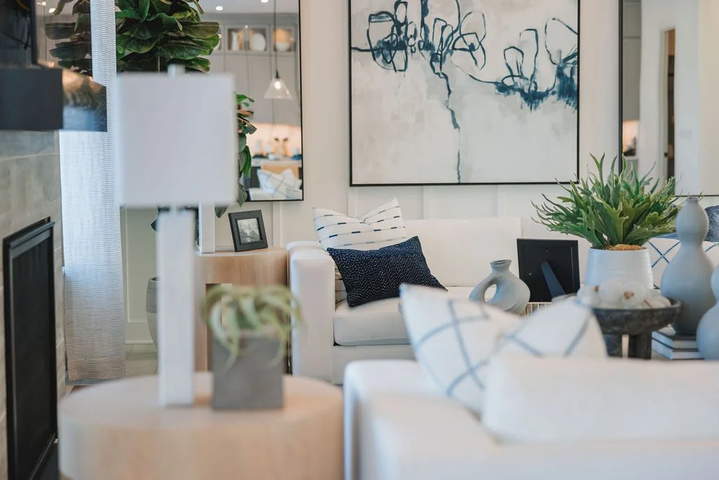 Living room with white sofa, decorative pillows, abstract wall art, green potted plant, and various decorative objects.
