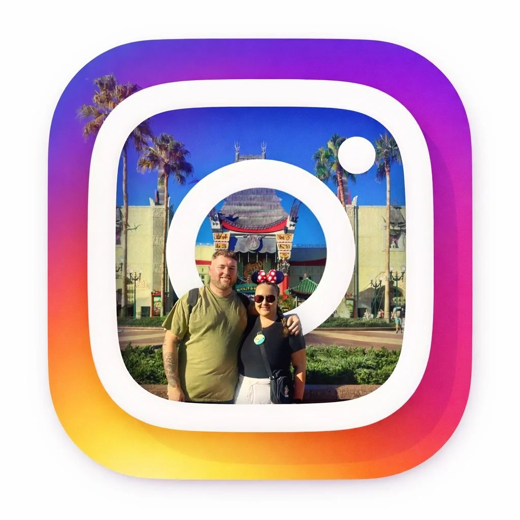 People posing inside the Instagram logo at a theme park, with palm trees and a movie theater in the background.