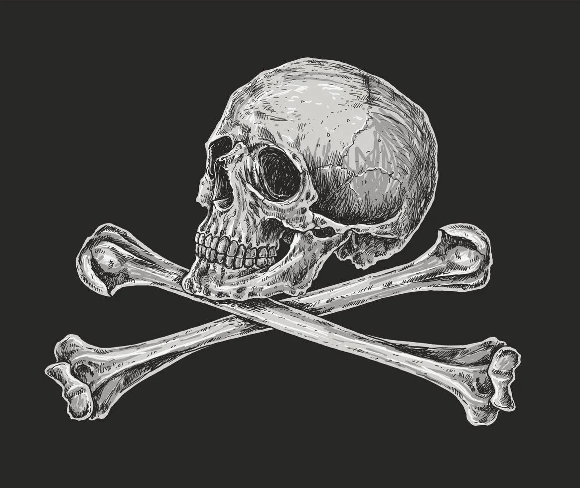 A black and white illustration of a human skull with crossed bones against a dark background.