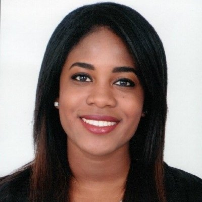 A digital portrait of a smiling young woman with straight black hair, wearing a dark top, against a plain light background.