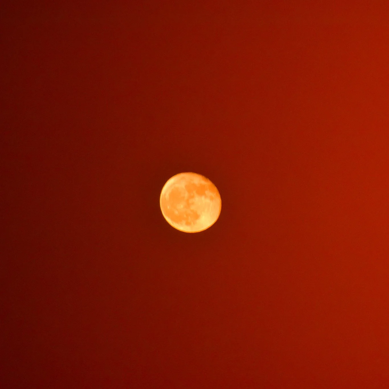 Image of a bright orange full moon against a reddish sky.