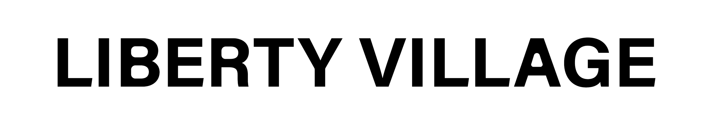 Black background with white outlined text that says 'LIBERTY VILLAGE'.