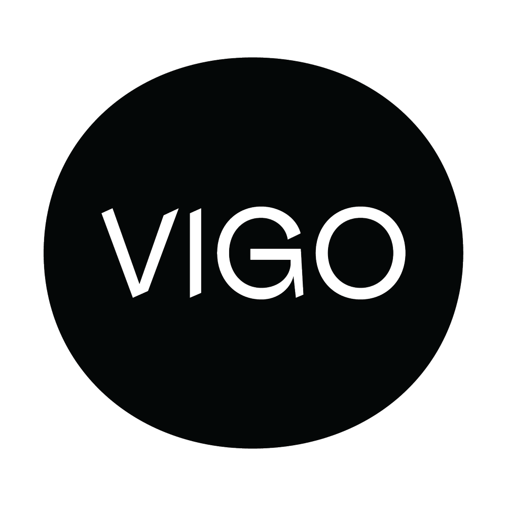 Black circular logo with the word 'VIGO' in outlined letters in the center.