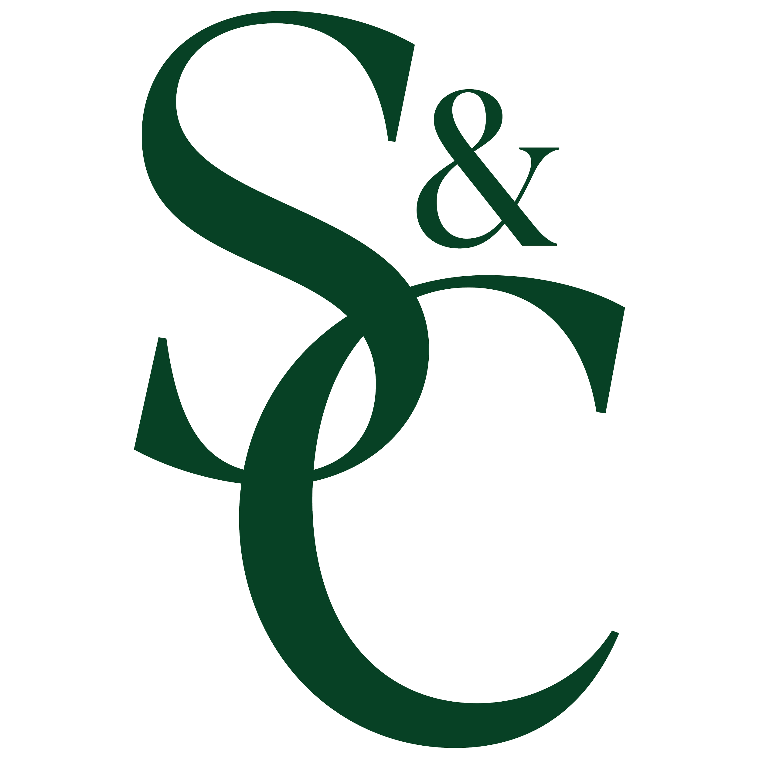 Black background with large dark green stylized letters S and C intertwined, and smaller ampersand symbol in dark green between them.
