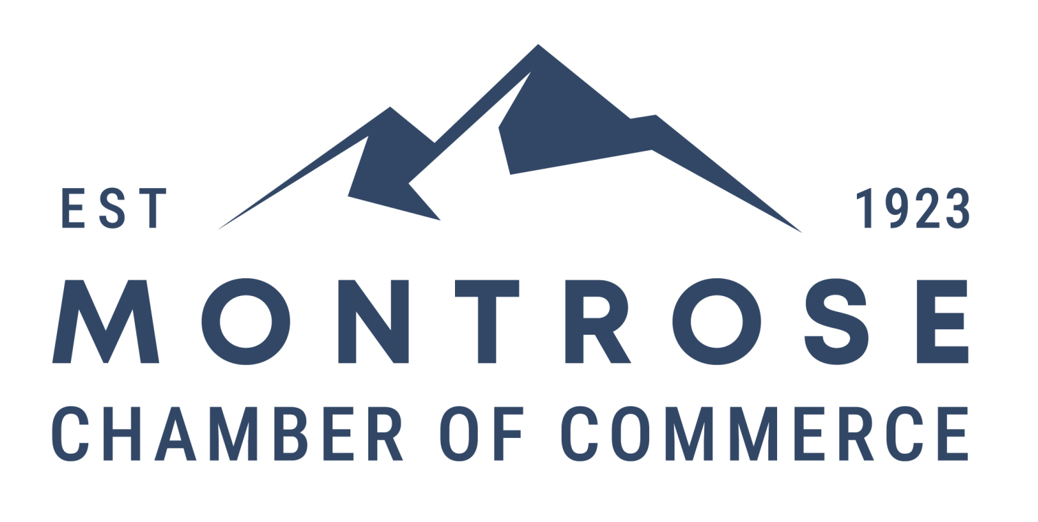 Logo of Montrose Chamber of Commerce with stylized mountain peaks and text indicating "Est 1923" and "Montrose Chamber of Commerce."