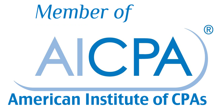 A logo with large blue text saying "AICPA" on a white background, and some smaller blue text above and below it that is partly cut off.