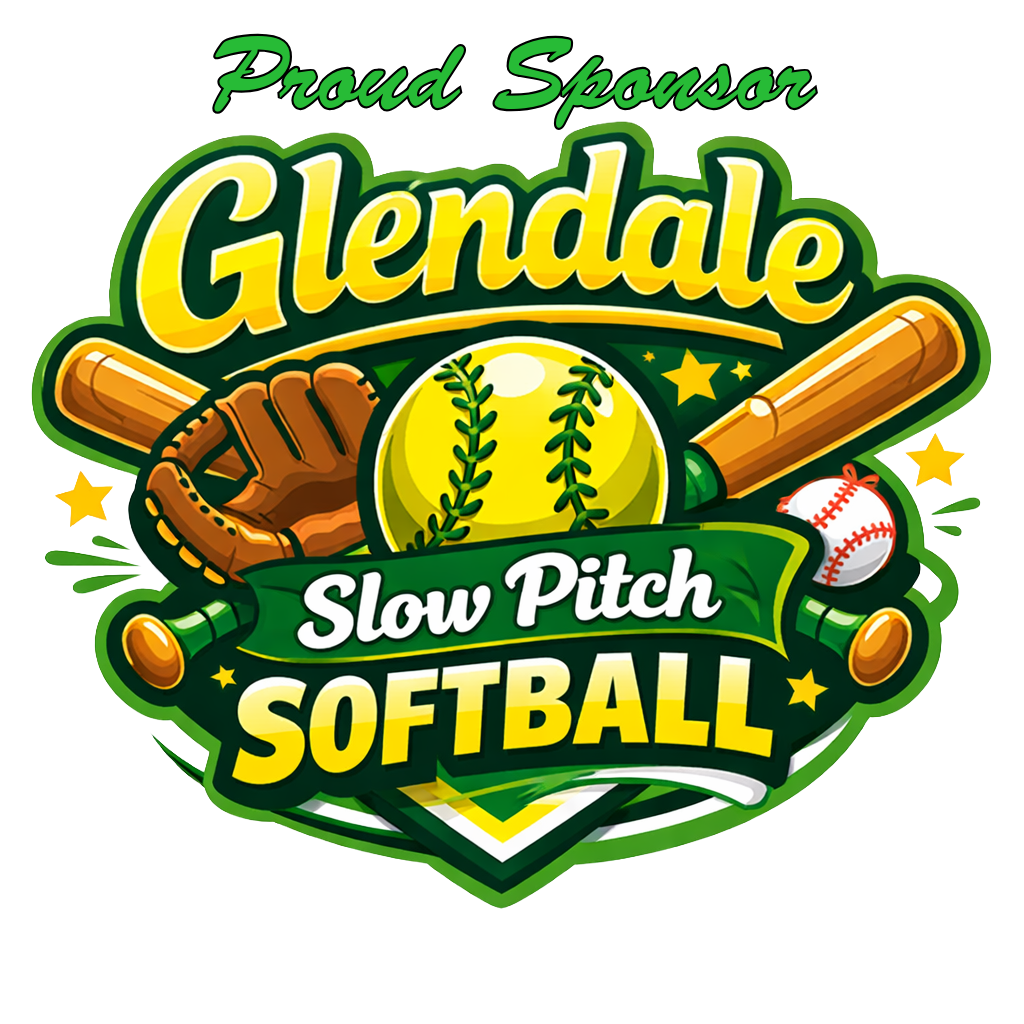 Logo for the Glendale Slow Pitch Softball league featuring a yellow softball, a baseball, a baseball bat, a softball glove, and stars, with green and yellow text.