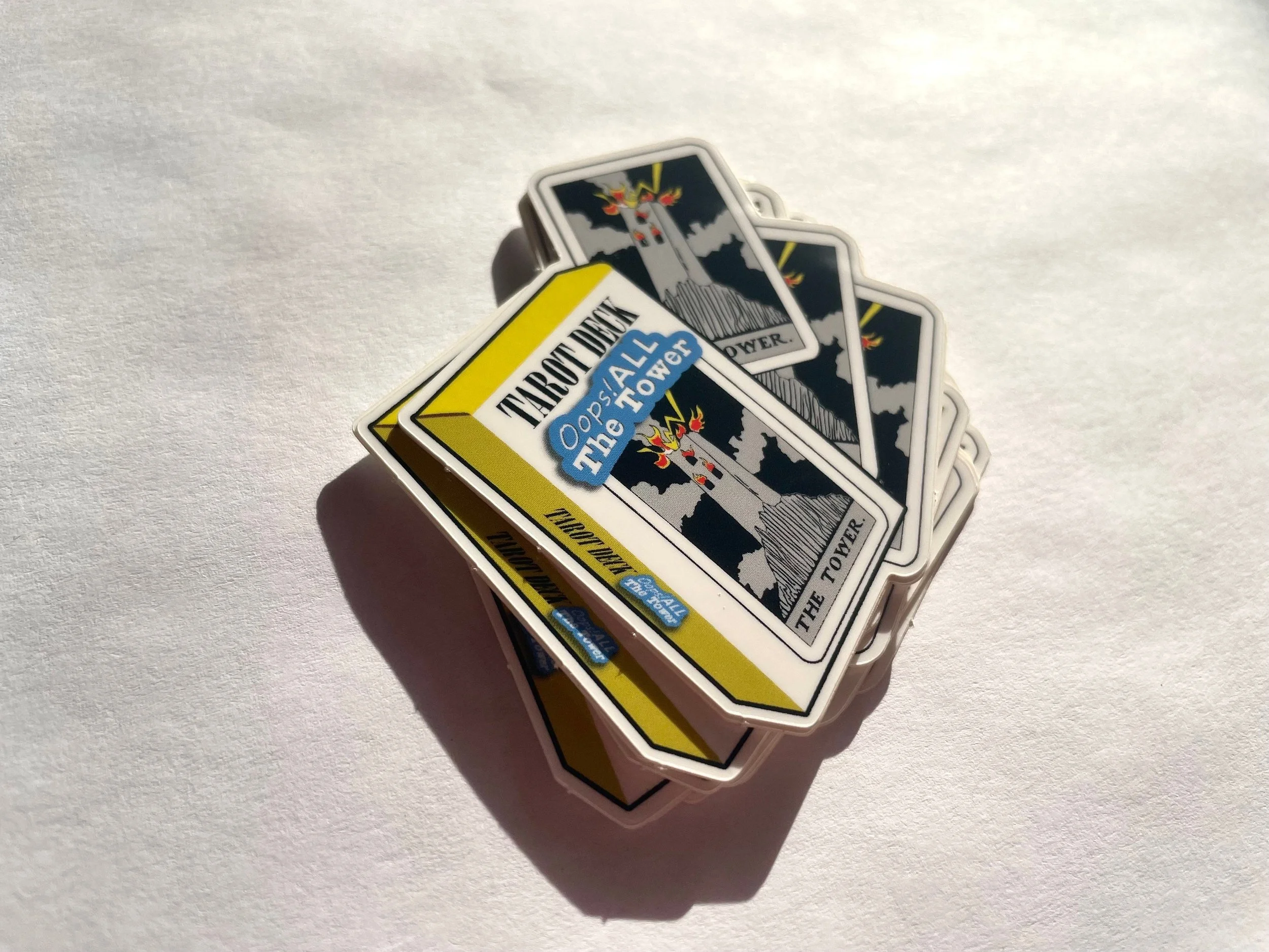 Oops All Towers sticker viewed from a different side