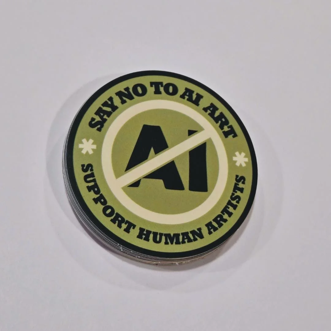 front view of the green version of the anti AI sticker