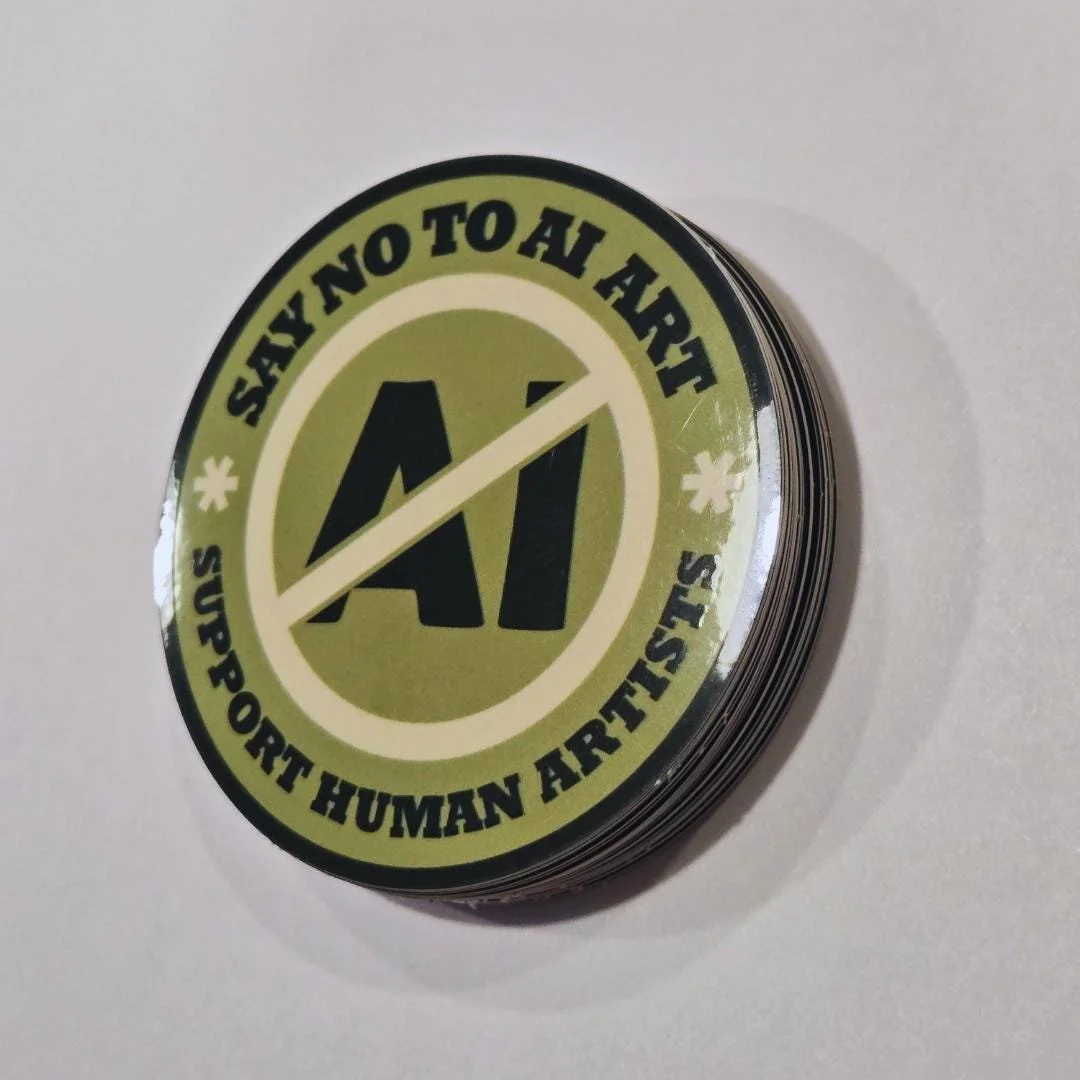 side view of the green anti AI art sticker