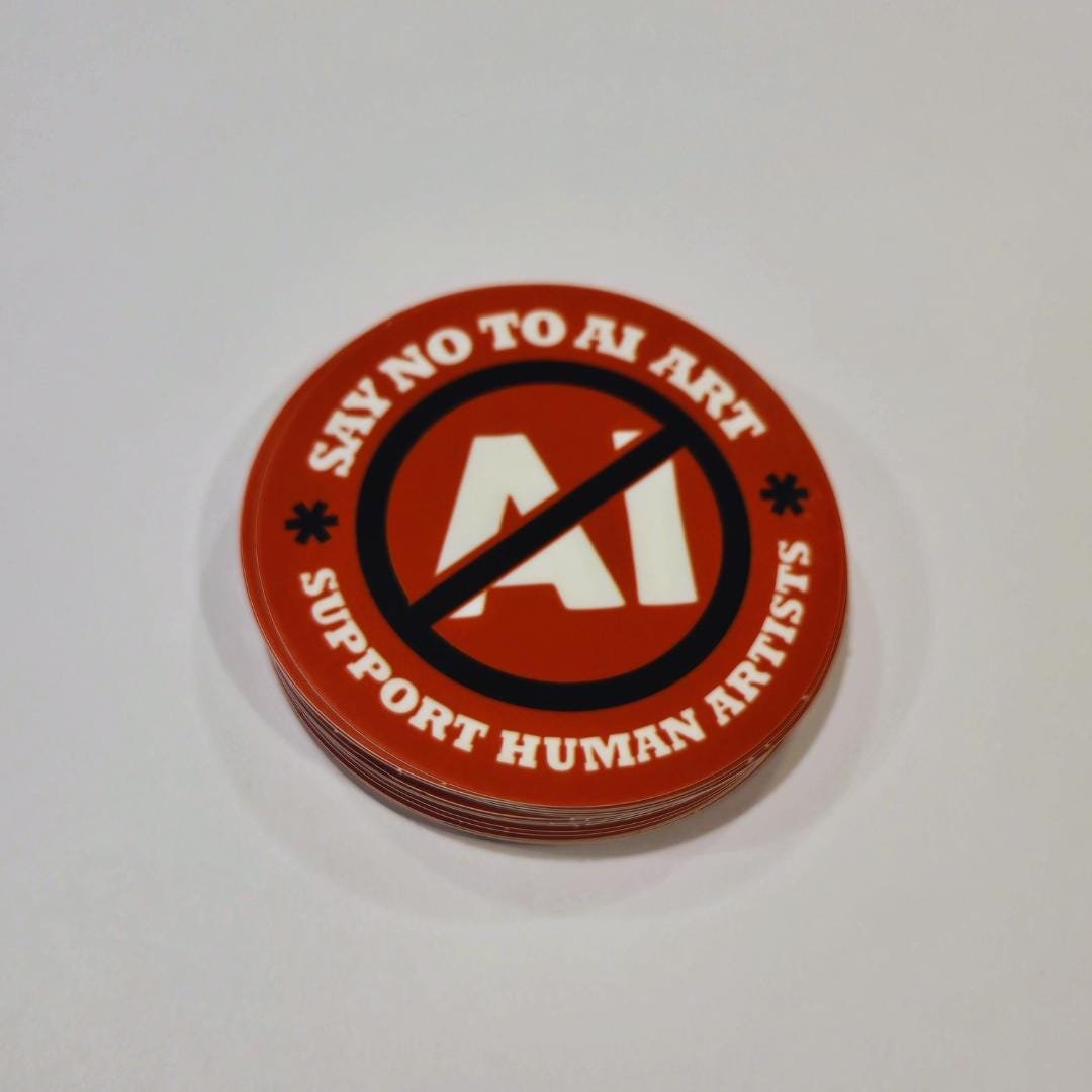 front view of red anti AI sticker