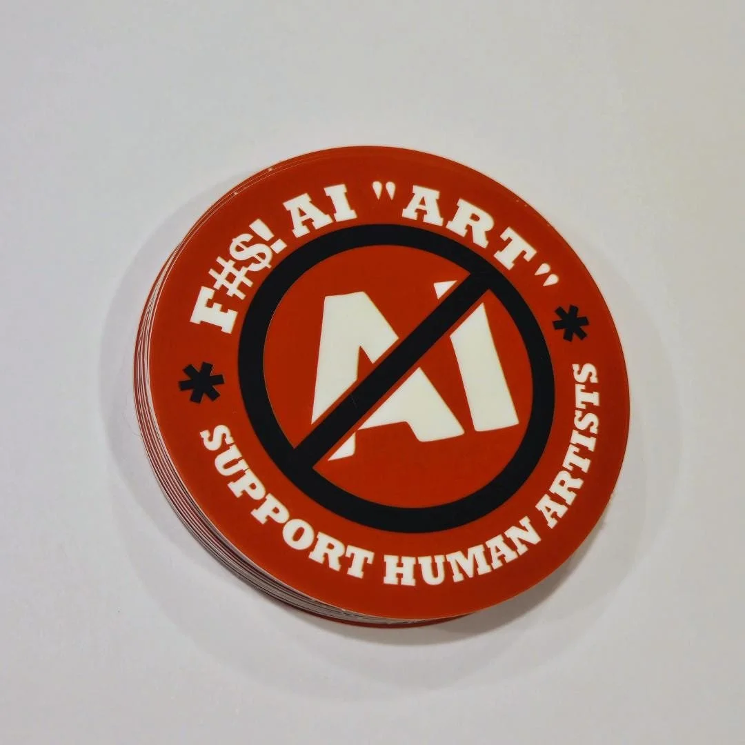 front view of the red censored AI art sticker