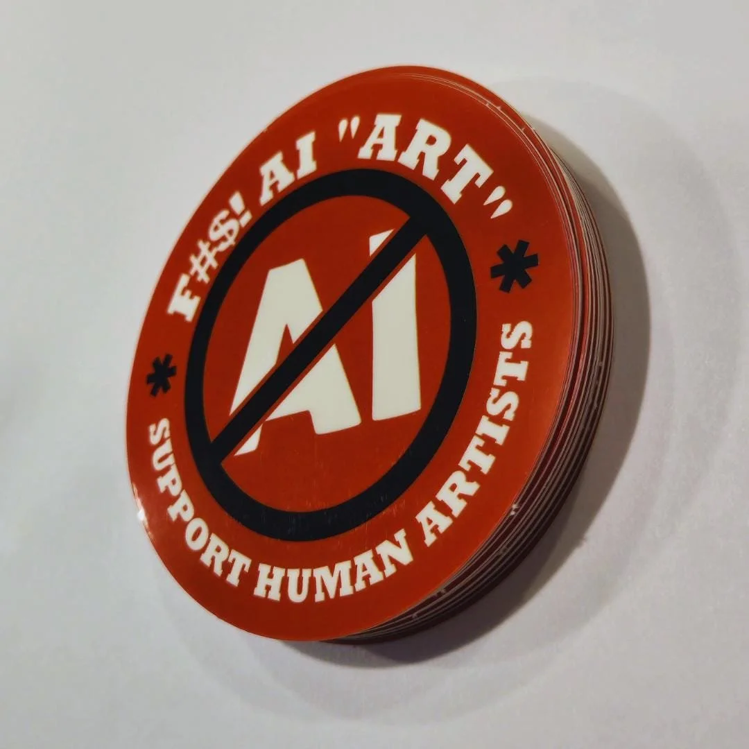 side view of the red anti AI art sticker