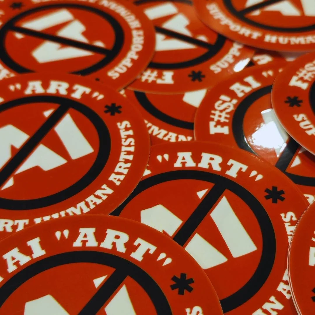 view of the red anti AI art stickers that are in a mess