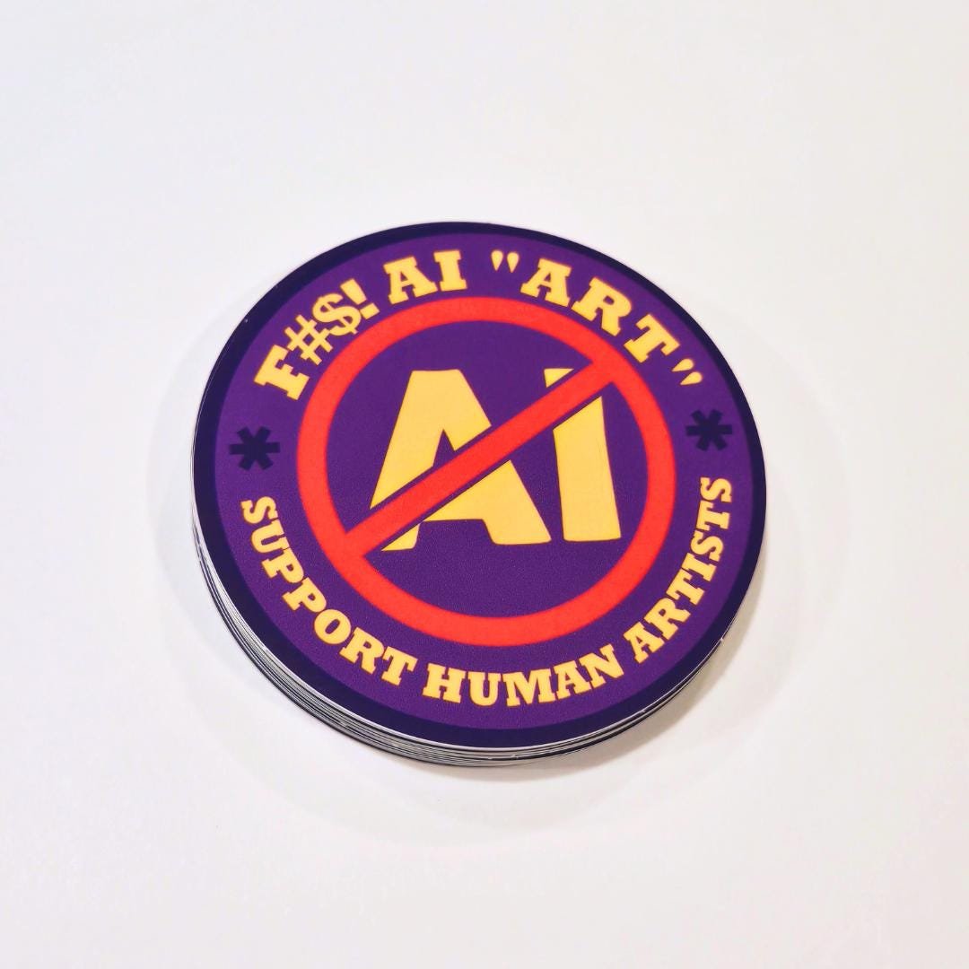 front view of the purple censored AI art sticker