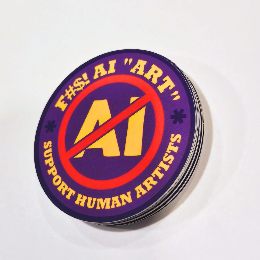 side view of the purple anti AI art sticker