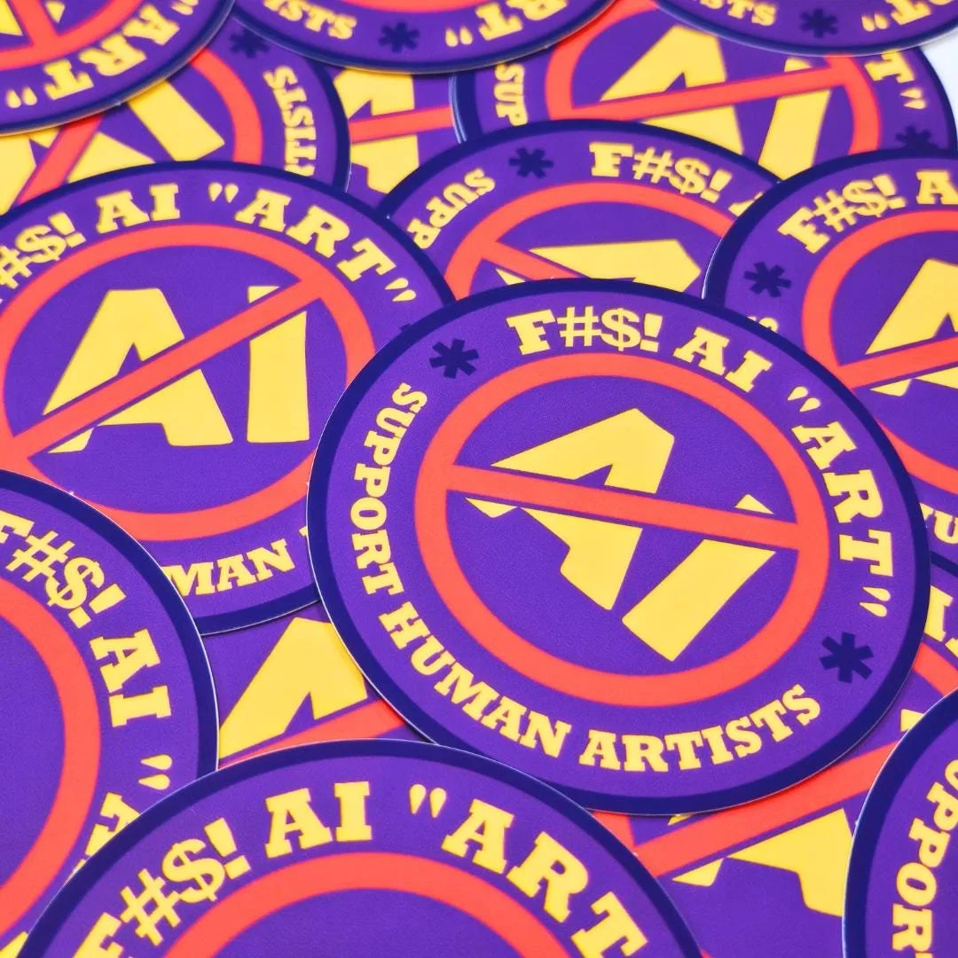 view of the purple anti AI art stickers that are in a mess